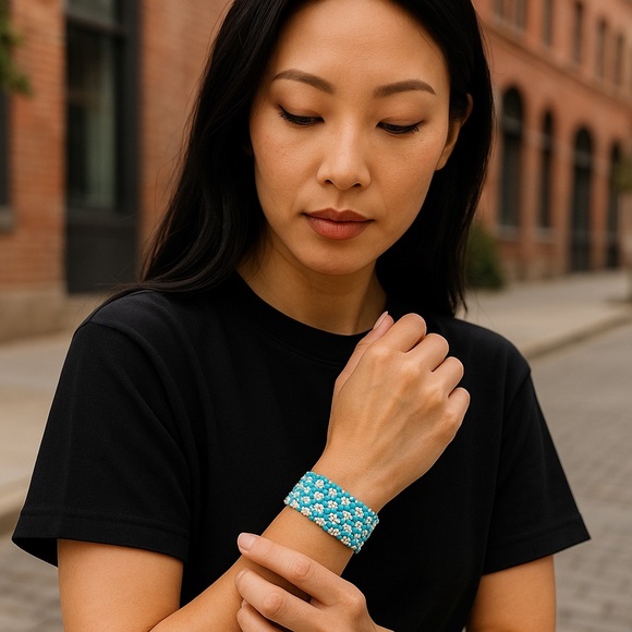 Hand Crafted Jewelry - Hand Crafted Beaded Checkerboard Bracelet Aqua White